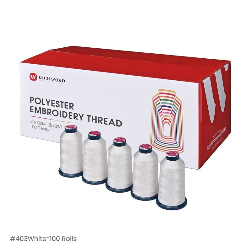 Richword 4000m 108D/2 40wt White Polyester Embroidery Thread Spools - 100pc - Swing Design