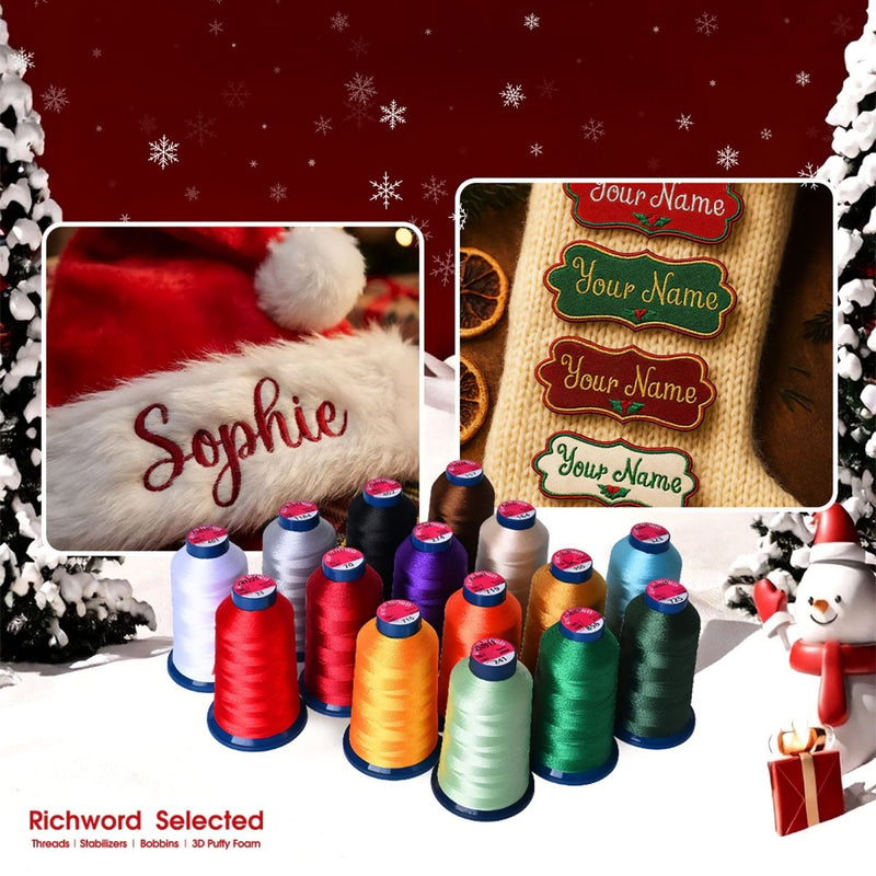 Richword 4000m Christmas & Holiday Embroidery Thread Spools - 15pc - Swing Design2