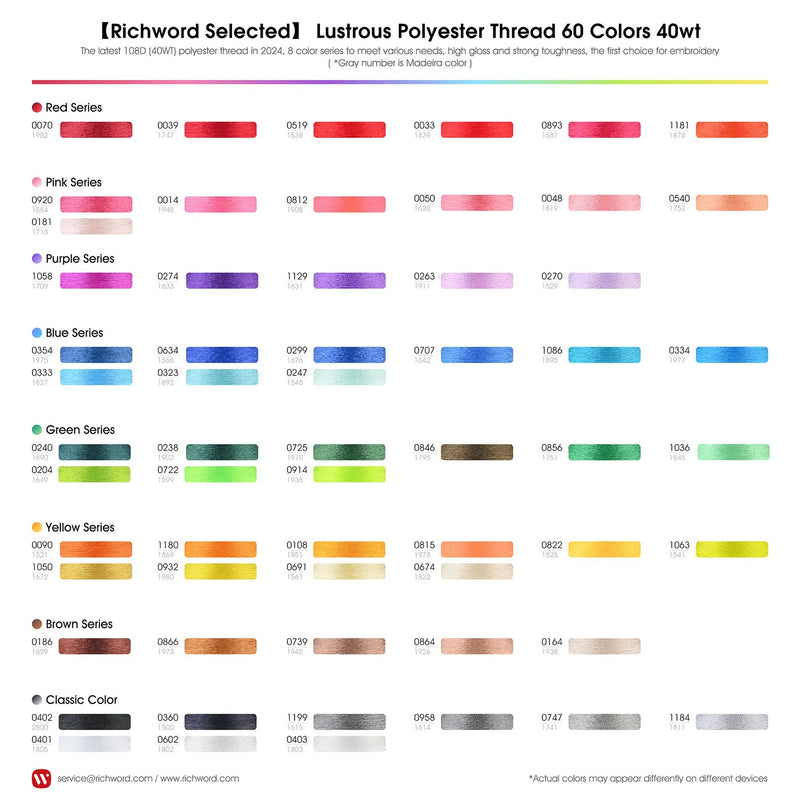 Richword 800m 108D/2 40wt Polyester Embroidery Thread Spools - 60pc Sewing Accessories Poolin
