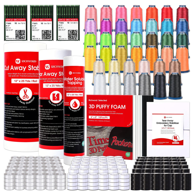 Richword Deluxe BAi Embroidery Kit with Thread, Needles, Bobbins & Stabilizers Sewing Accessories Bai