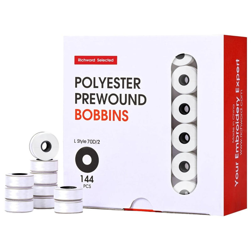 Richword Type L Paper Prewound White Embroidery Bobbins 70D/2(60WT) - 144pc - Swing Design1