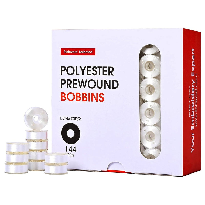 Richword Type L Plastic Prewound White Embroidery Bobbins 70D/2(60WT) - 144pc - Swing Design1
