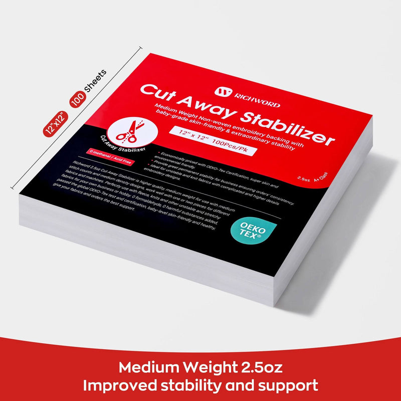 Richword Universal Cut Away Embroidery Stabilizer Backing 12in x 12in - 100 Sheets Sewing Accessories Poolin