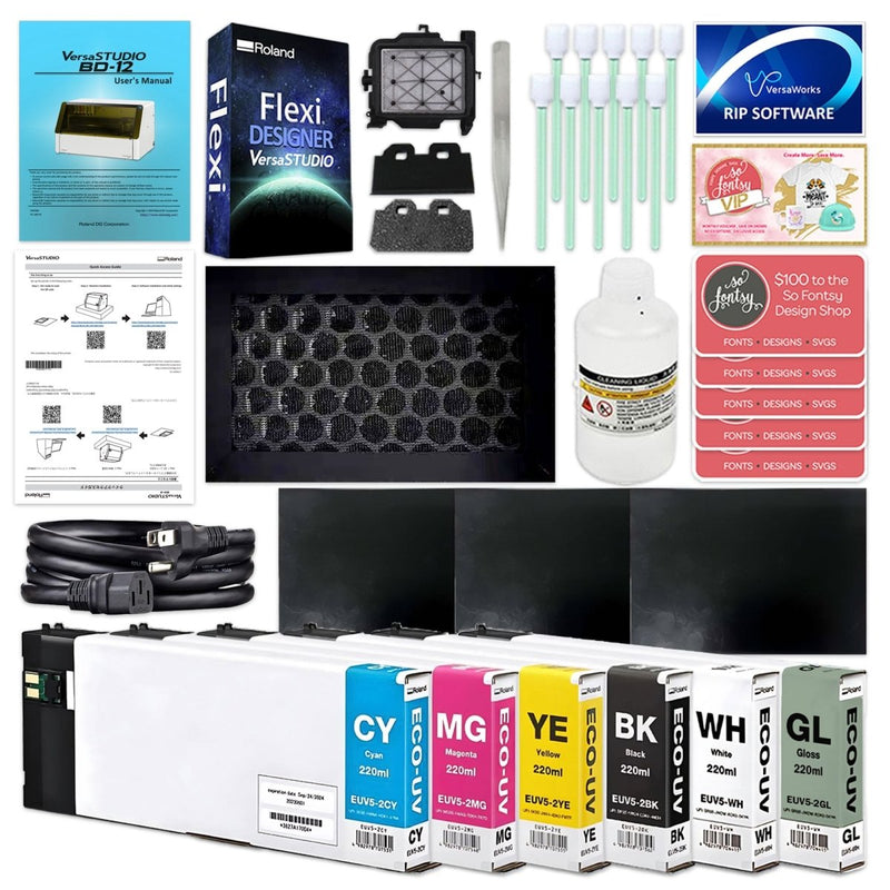 Roland VersaStudio BD-12 Desktop UV Flatbed Printer Bundle with Rotary Rack - Swing Design