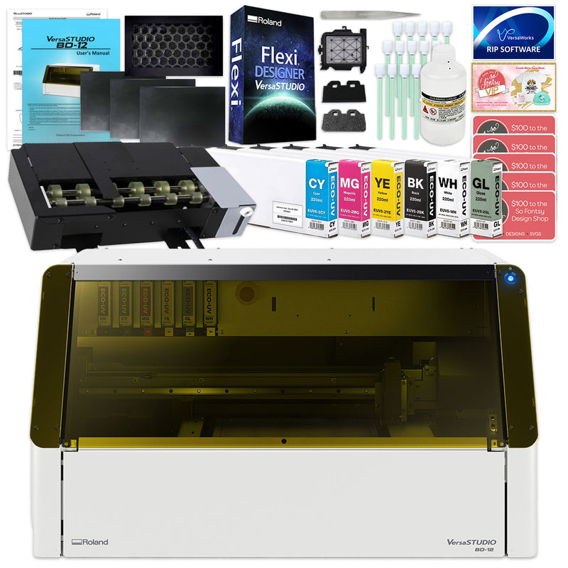 Roland VersaStudio BD-12 Desktop UV Flatbed Printer Bundle with Rotary Rack Eco Printers Roland