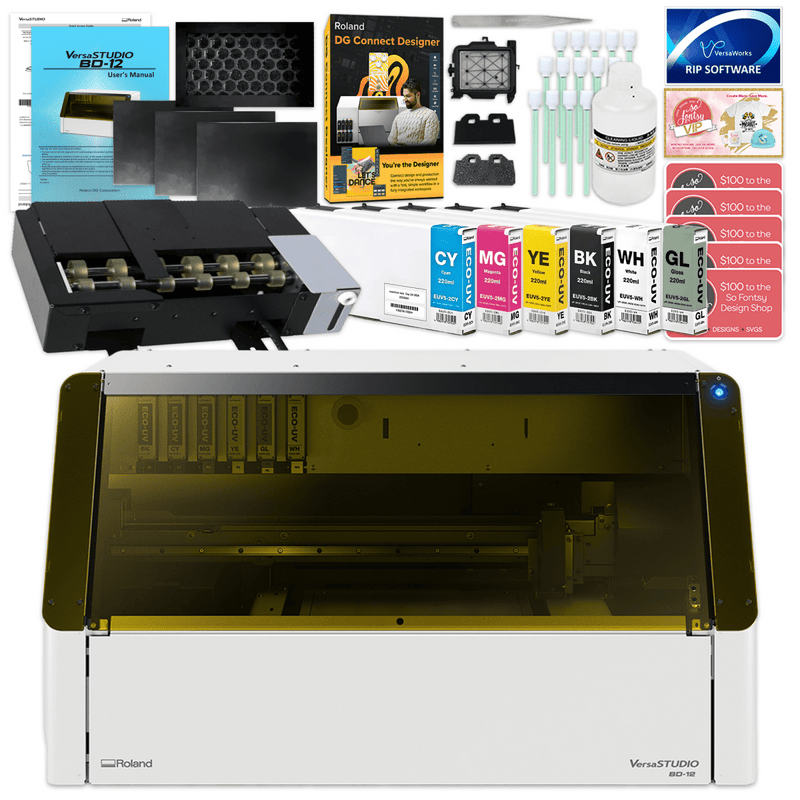 Roland VersaStudio BD-12 Desktop UV Flatbed Printer Bundle with Rotary Rack - Swing Design1