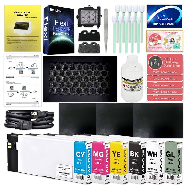Roland VersaStudio BD-8 Desktop UV Flatbed Printer Bundle - 8" x 6"CMYK + Gloss Ink - Swing Design
