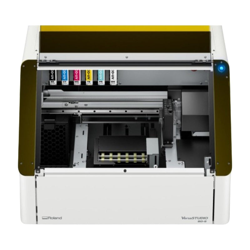 Roland VersaStudio BD-8 UV Flatbed Printer Bundle with Rotary Rack & TumblersCMYK + Primer Ink - Swing Design
