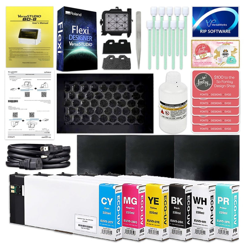 Roland VersaStudio BD-8 UV Flatbed Printer Bundle with Rotary Rack & TumblersCMYK + Primer Ink - Swing Design