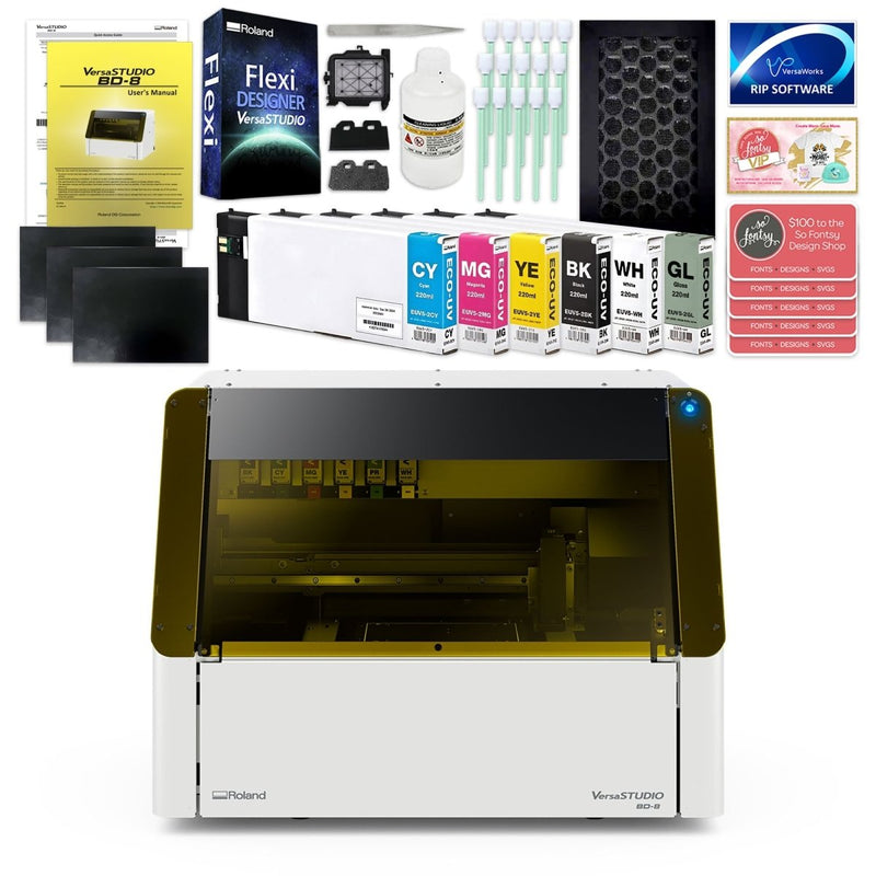 Roland VersaStudio BD-8 Desktop UV Flatbed Printer Bundle - 8" x 6"CMYK + Gloss Ink - Swing Design