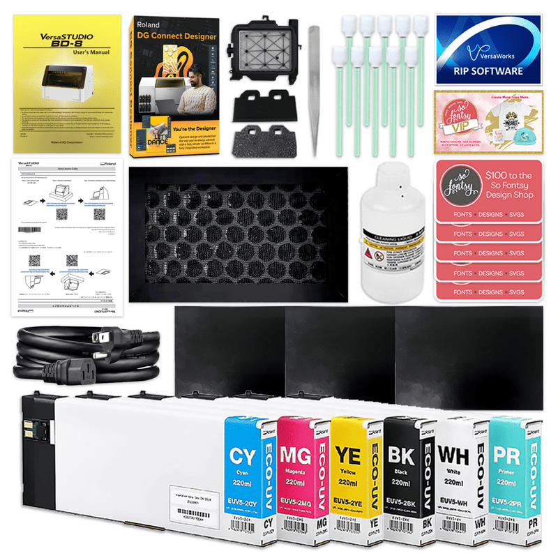 Roland VersaStudio BD-8 Desktop UV Flatbed Printer Bundle - 8" x 6"CMYK + Primer Ink - Swing Design4