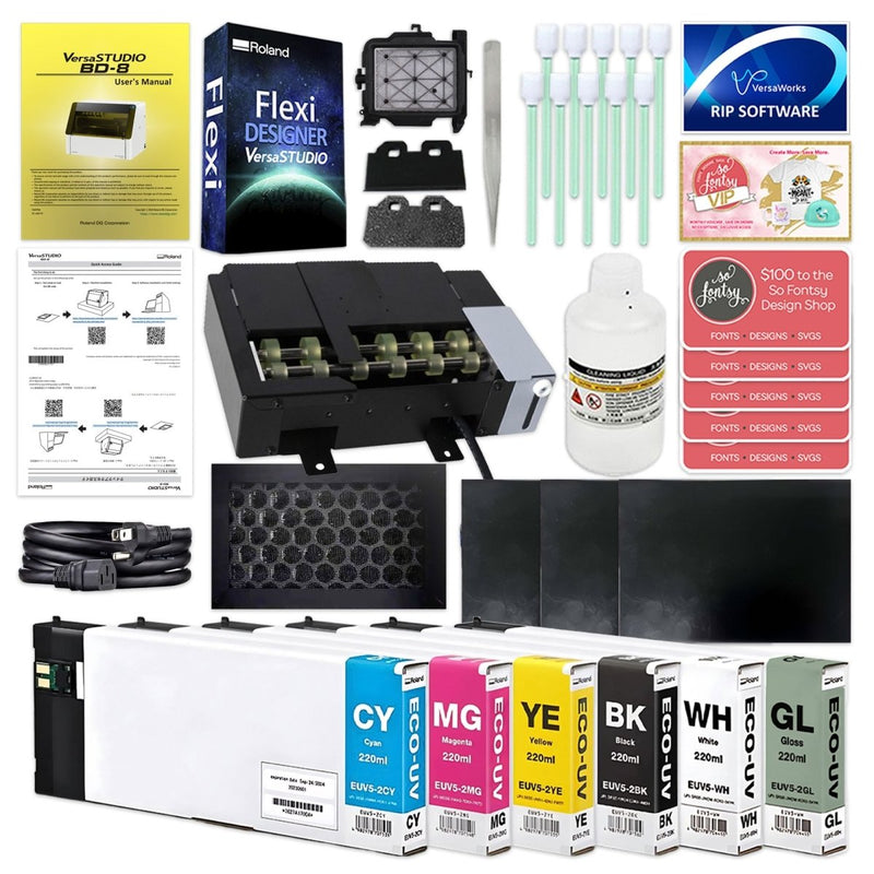 Roland VersaStudio BD-8 Desktop UV Flatbed Printer Bundle with Rotary RackCMYK + Gloss Ink - Swing Design
