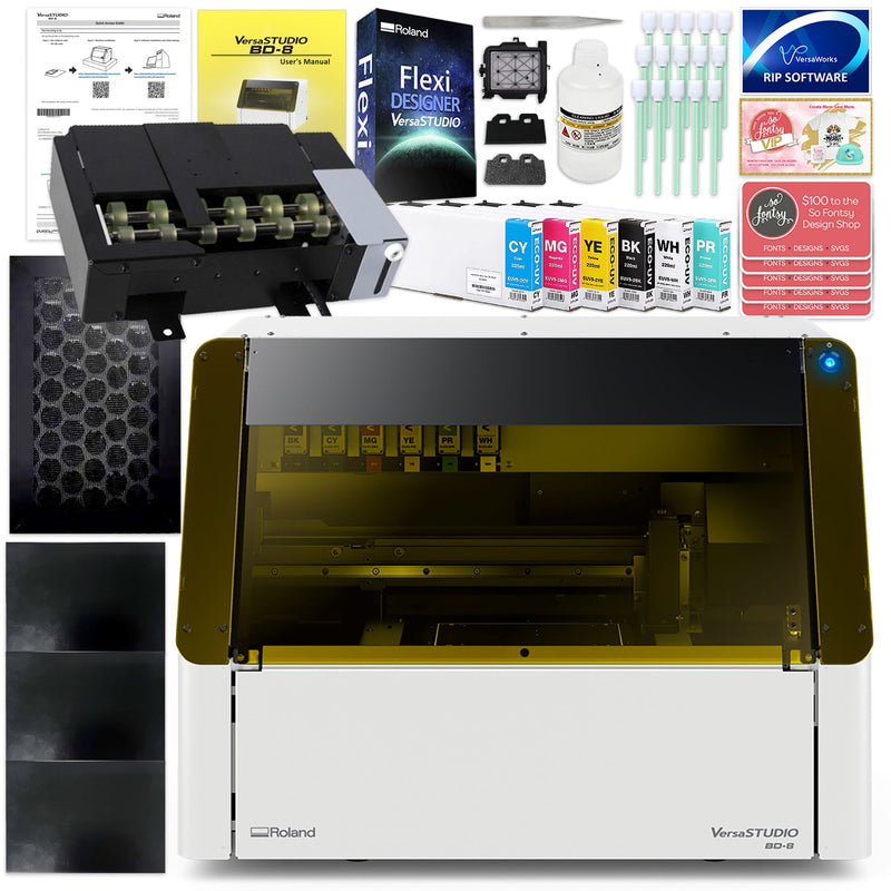 Roland VersaStudio BD-8 Desktop UV Flatbed Printer Bundle with Rotary Rack Eco Printers Roland