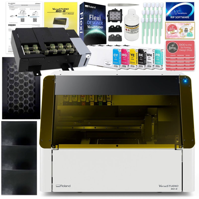 Roland VersaStudio BD-8 UV Flatbed Printer Bundle with Rotary Rack & TumblersCMYK + Primer Ink - Swing Design
