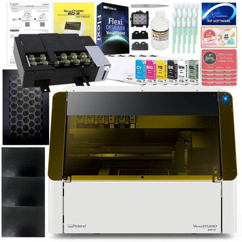 Roland VersaStudio BD-8 Desktop UV Flatbed Printer Bundle with Rotary RackCMYK + Gloss Ink - Swing Design