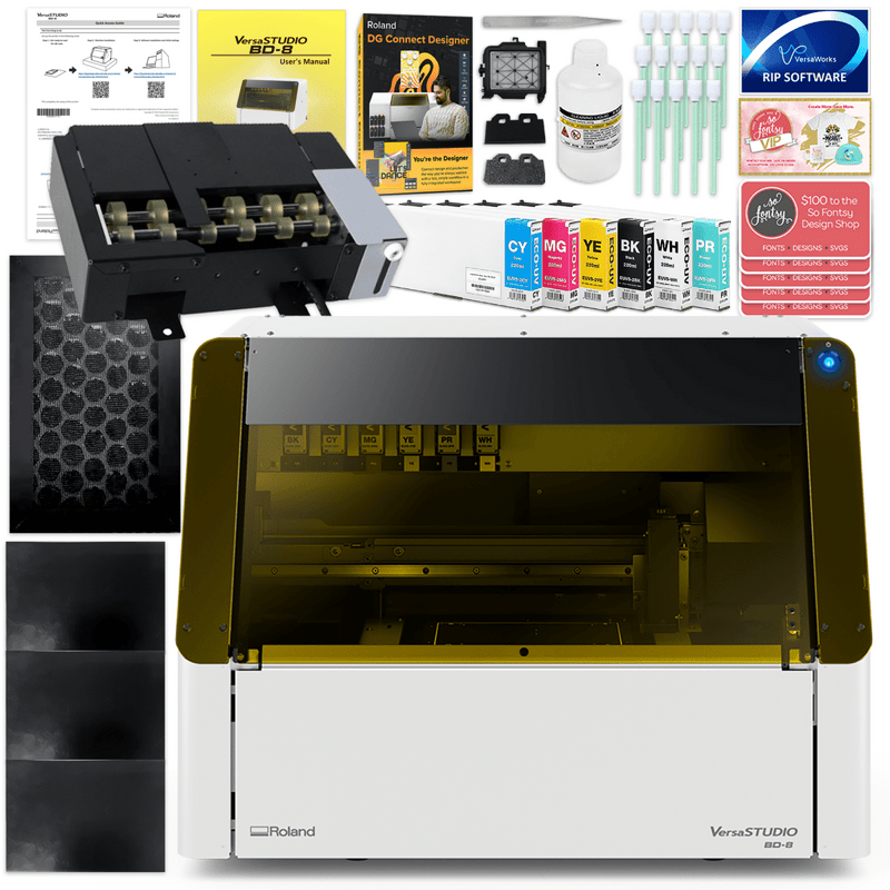 Roland VersaStudio BD-8 Desktop UV Flatbed Printer Bundle with Rotary RackCMYK + Primer Ink - Swing Design3