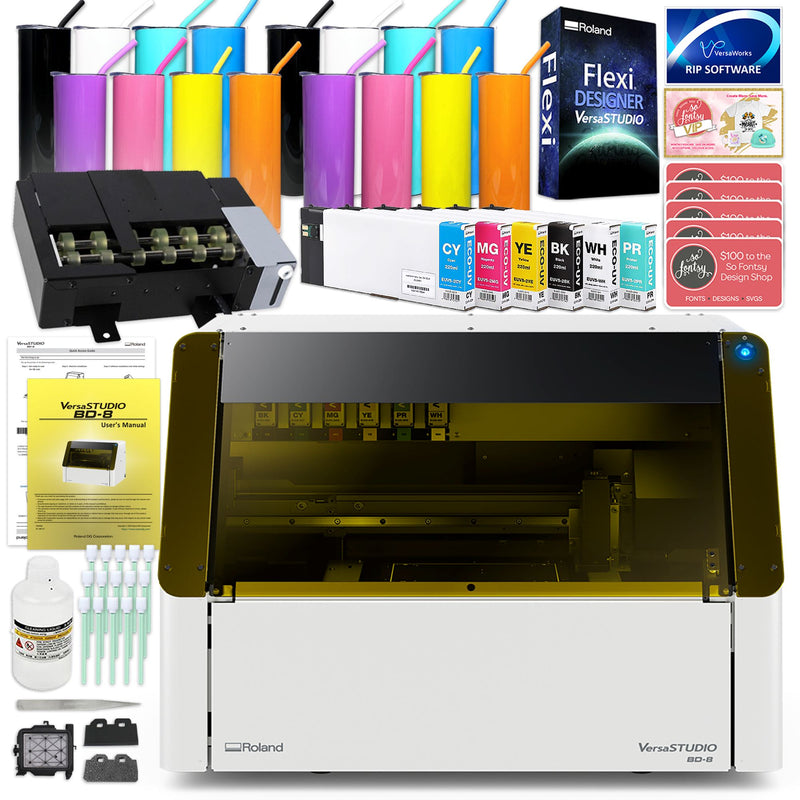 Roland VersaStudio BD-8 UV Flatbed Printer Bundle with Rotary Rack & Tumblers Eco Printers Roland