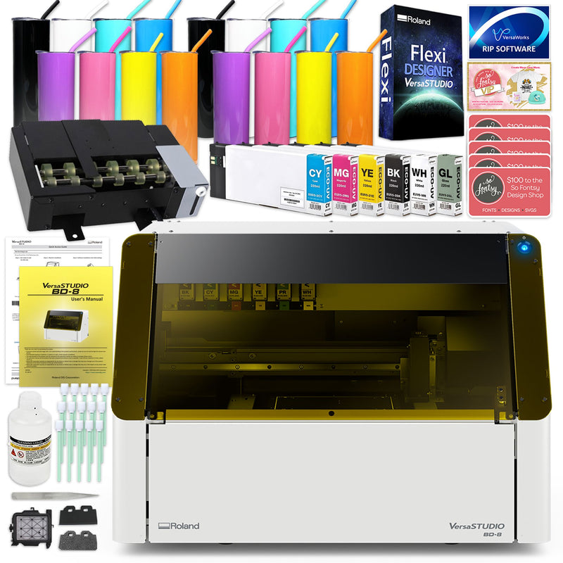 Roland VersaStudio BD-8 UV Flatbed Printer Bundle with Rotary Rack & Tumblers Eco Printers Roland CMYK + Gloss Ink