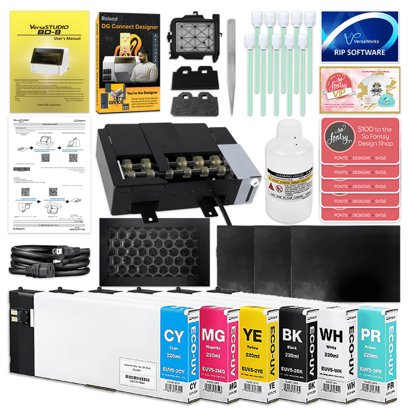 Roland VersaStudio BD-8 UV Flatbed Printer Bundle with Rotary Rack & TumblersCMYK + Primer Ink - Swing Design4