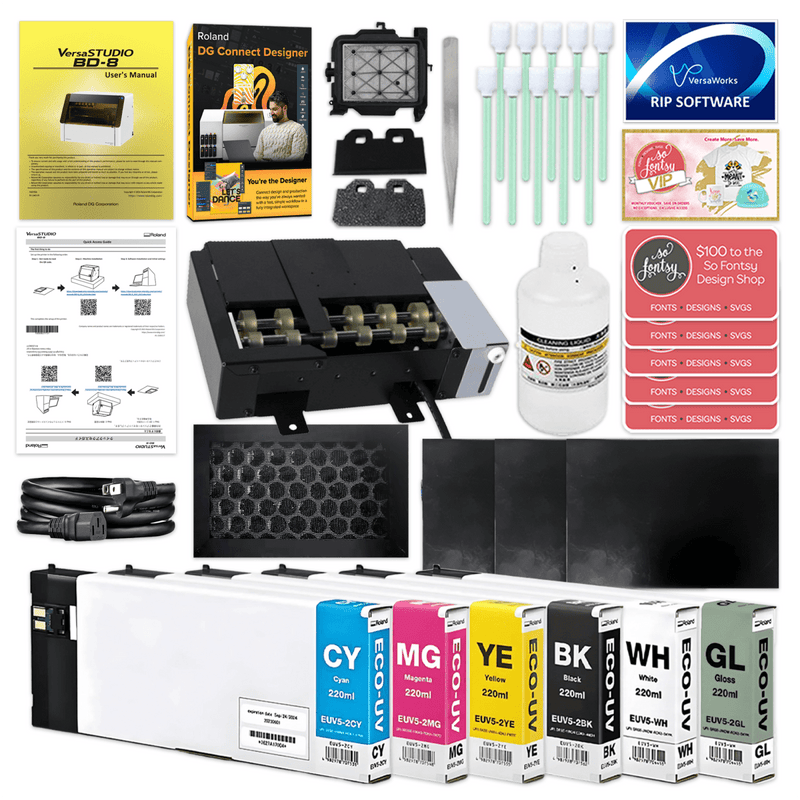 Roland VersaStudio BD-8 UV Flatbed Printer Bundle with Rotary Rack & TumblersCMYK + Primer Ink - Swing Design3