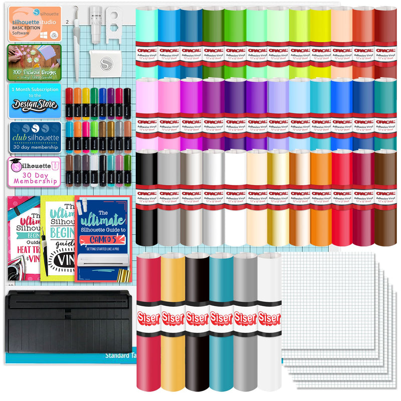 Silhouette Black Cameo 5 w/ 38 Oracal Sheets, Siser HTV, Guides, 24 Pens Silhouette Bundle Silhouette