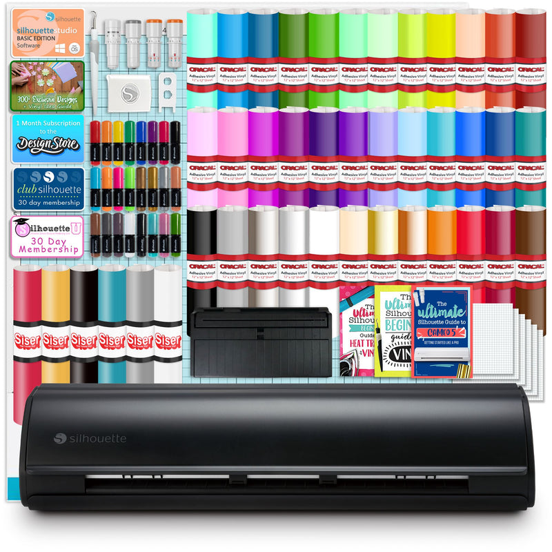 Silhouette Black Cameo 5 w/ Advanced Black Pack, 38 Oracal Sheets, Siser HTV Silhouette Bundle Silhouette