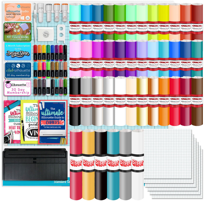 Silhouette Black Cameo 5 w/ Advanced Black Pack, 38 Oracal Sheets, Siser HTV Silhouette Bundle Silhouette