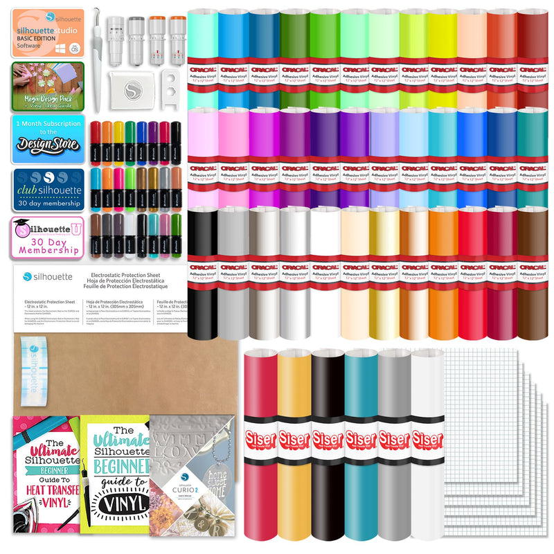 Silhouette Curio 2 w/ Advanced Blade Pack, 38 Oracal Sheets, Siser HTV Silhouette Bundle Silhouette