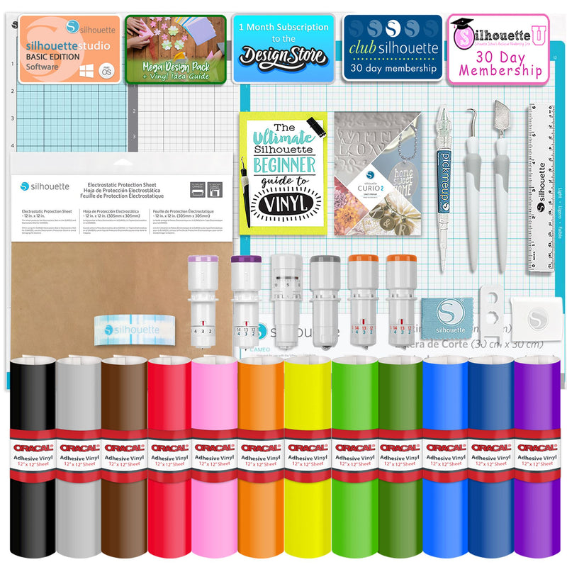 Silhouette Curio 2 w/ Deluxe Blade & Tool Pack, Mat Pack, Vinyl, Guides Silhouette Bundle Silhouette