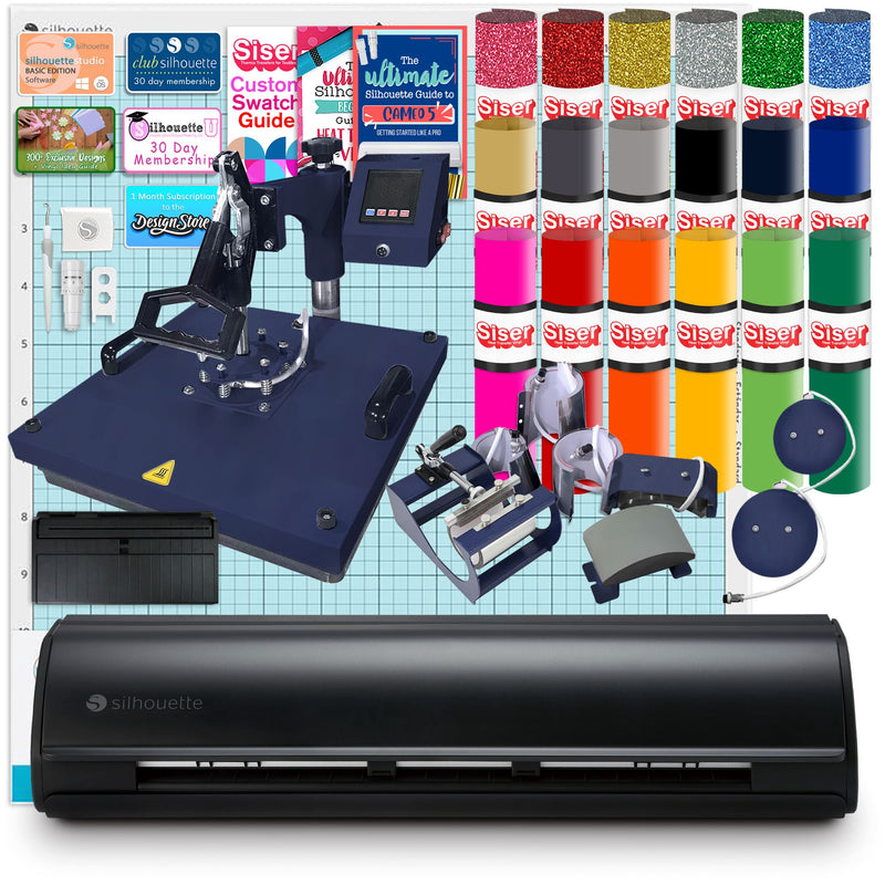 Silhouette Matte Black Cameo 5 w/ 8-in-1 Navy Heat Press & Siser HTV Silhouette Bundle Silhouette