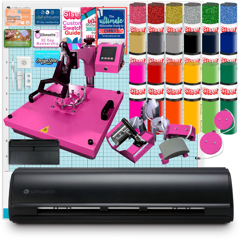 Silhouette Matte Black Cameo 5 w/ 8-in-1 Pink Heat Press & Siser HTV Silhouette Bundle Silhouette