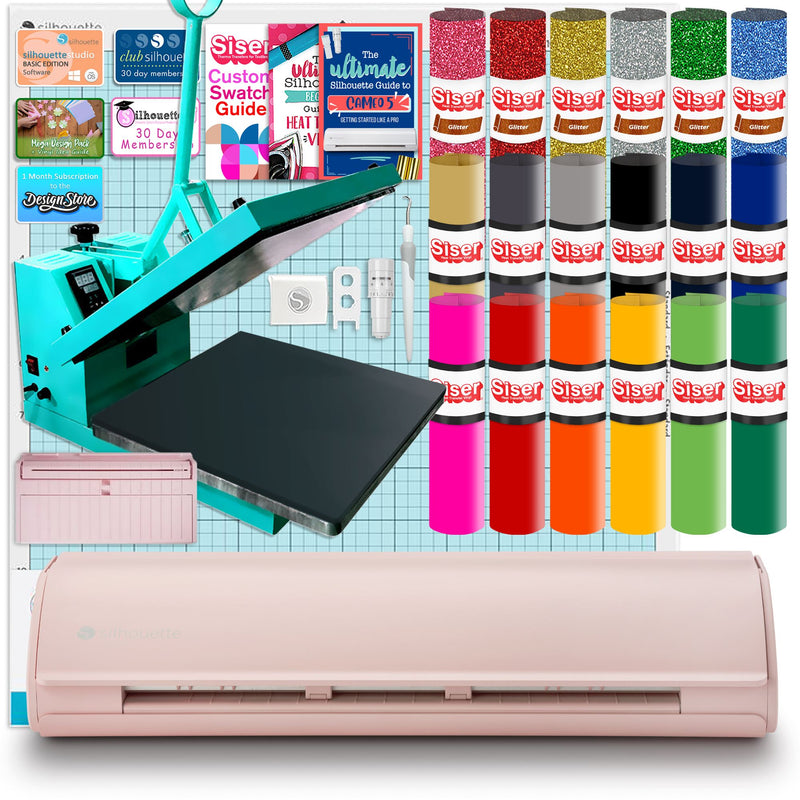 Silhouette Pink Cameo 5 w/ 15" x 15" Turquoise Heat Press & Siser HTV Silhouette Bundle Silhouette