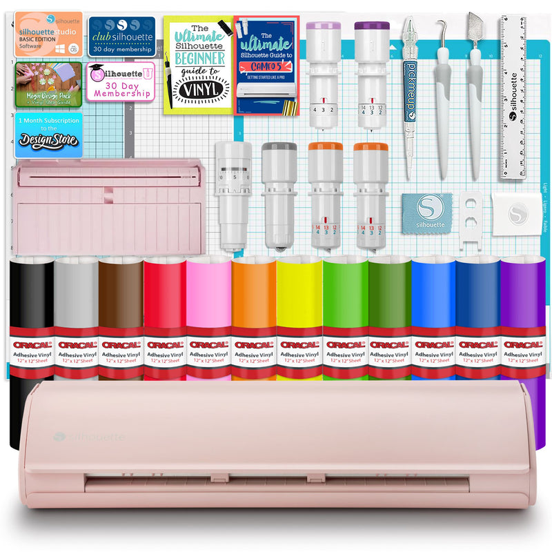 Silhouette Pink Cameo 5 w/ Deluxe Blade & Tool Pack, Mat Pack, Guides, Designs Silhouette Bundle Silhouette