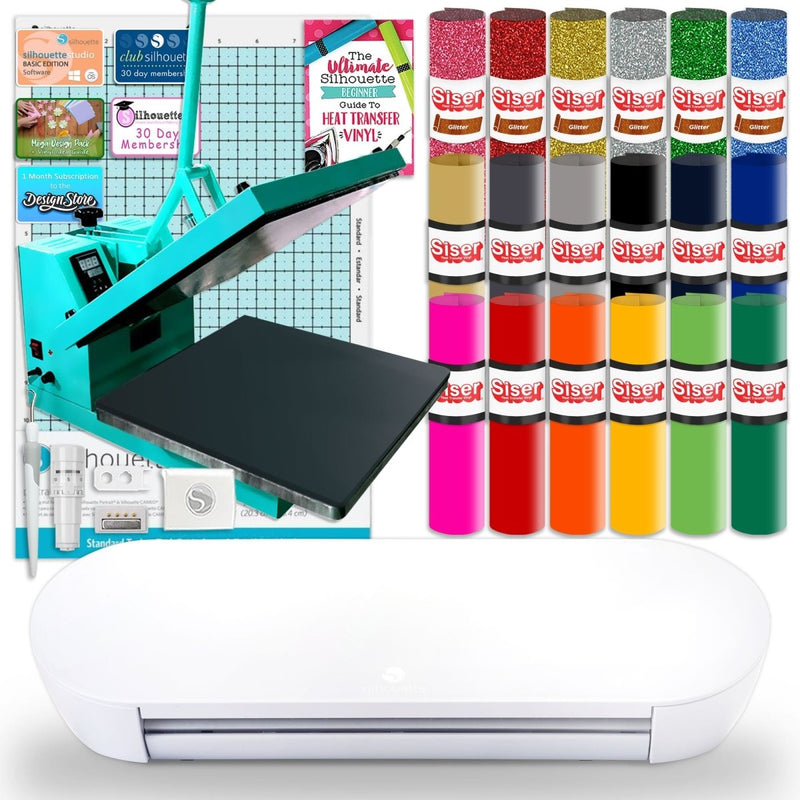 Silhouette Portrait 4 w/ 15" x 15" Turquoise Heat Press & Siser HTV - Swing Design1