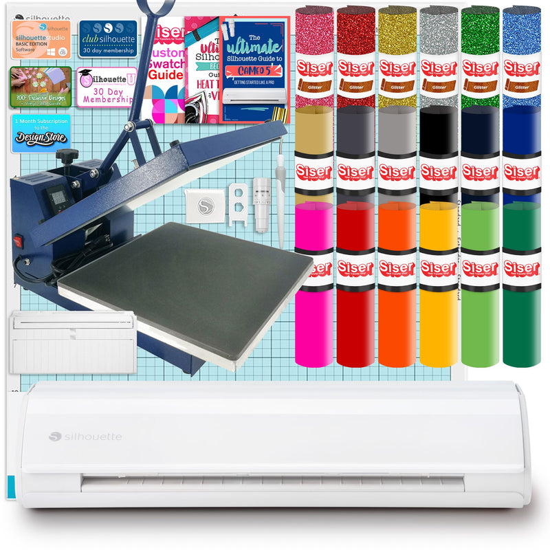 Silhouette White Cameo 5α Alpha w/ 15" x 15" Navy Heat Press & Siser HTV Silhouette Bundle Silhouette
