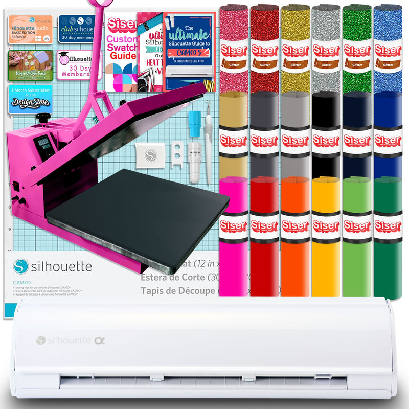 Silhouette White Cameo 5α Alpha w/ 15" x 15" Pink Heat Press & Siser HTV Silhouette Bundle Silhouette