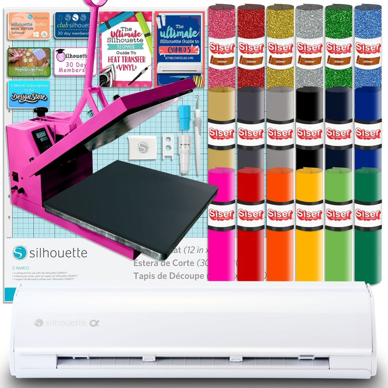 Silhouette White Cameo 5α Alpha w/ 15" x 15" Pink Heat Press & Siser HTV - Swing Design1