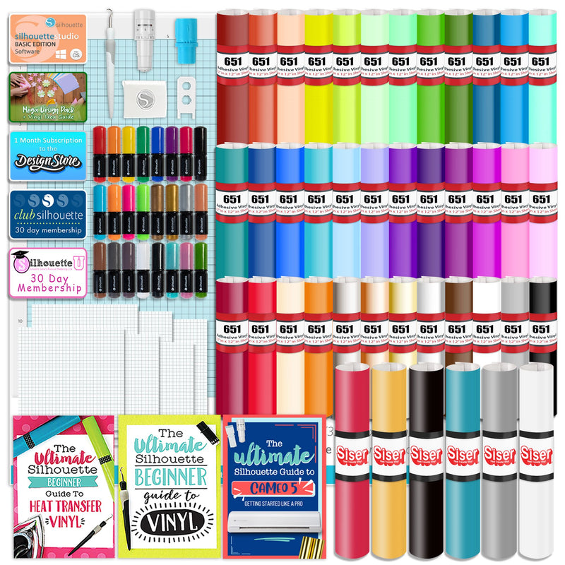 Silhouette White Cameo 5α Alpha w/ 38 Oracal Sheets, Siser HTV, Guides, 24 Pens Silhouette Bundle Silhouette