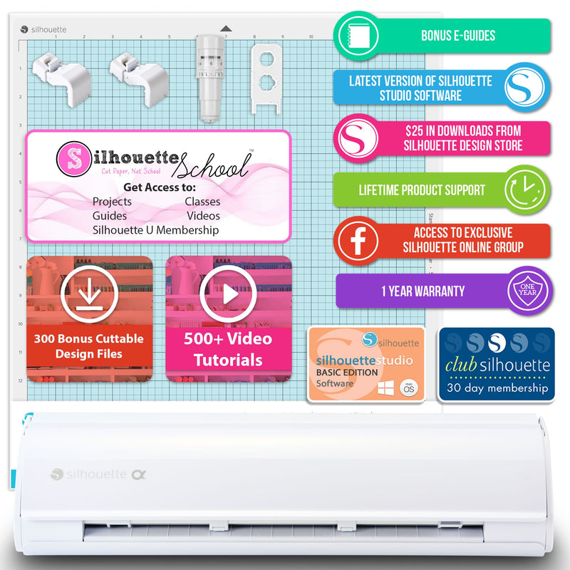 Silhouette White Cameo 5α Alpha w/ 38 Oracal Sheets, Siser HTV, Guides, 24 Pens Silhouette Bundle Silhouette