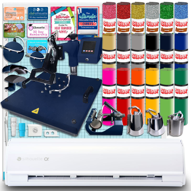 Silhouette White Cameo 5α Alpha w/ 8-in-1 Navy Heat Press & Siser HTV Silhouette Bundle Silhouette