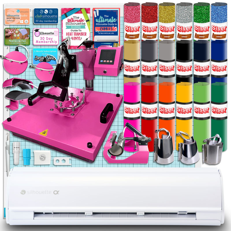 Silhouette White Cameo 5α Alpha w/ 8-in-1 Pink Heat Press & Siser HTV Silhouette Bundle Silhouette
