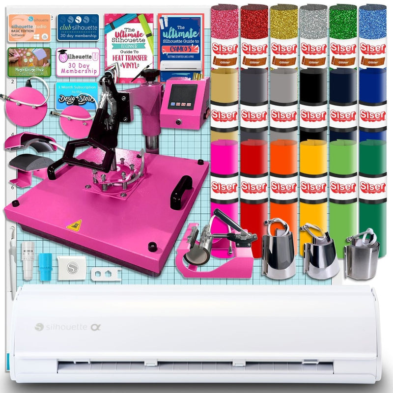 Silhouette White Cameo 5α Alpha w/ 8-in-1 Pink Heat Press & Siser HTV - Swing Design1