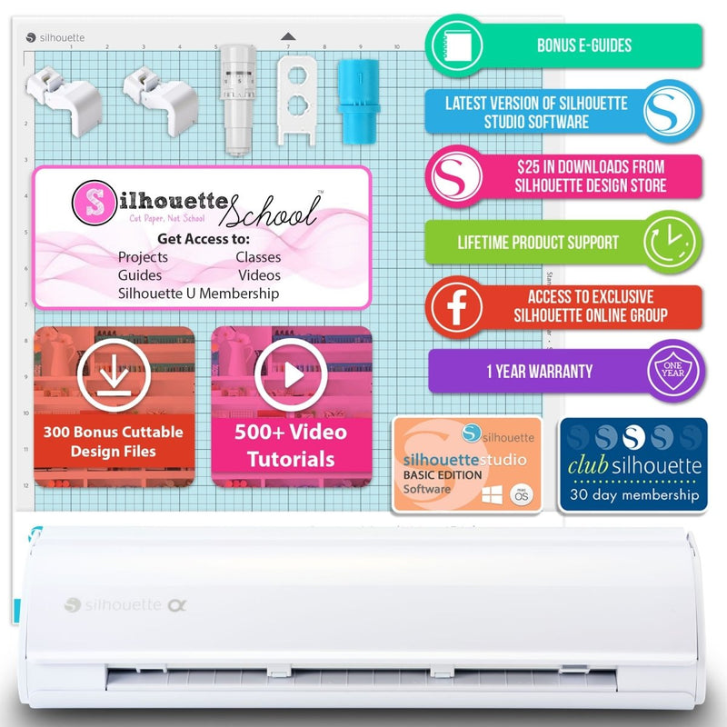 Silhouette White Cameo 5α Alpha w/ Deluxe Blade & Tool Pack, Mat Pack, Guides - Swing Design