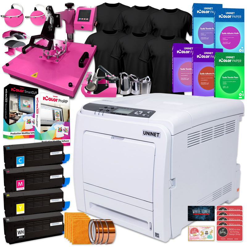 Uninet IColor 340 Apparel PLUS Transfer Printer w/ 8-in-1 Heat Press & Media Uninet Bundle UniNET Pink