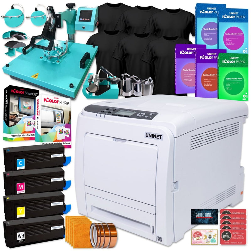 Uninet IColor 340 Apparel PLUS Transfer Printer w/ 8-in-1 Heat Press & MediaX2 w/ Turquoise 8-in-1 - Swing Design1