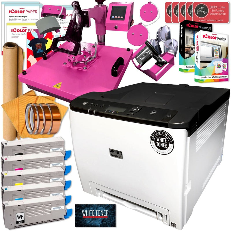 Uninet IColor 560 Business Bundle w/ 8-in-1 Heat Press, Media, $1044 SoftwarePink Heat Press - Swing Design2