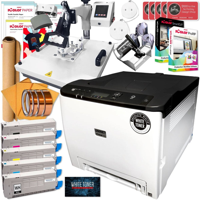 Uninet IColor 560 Business Bundle w/ 8-in-1 Heat Press, Media, $1044 SoftwareWhite Heat Press - Swing Design3