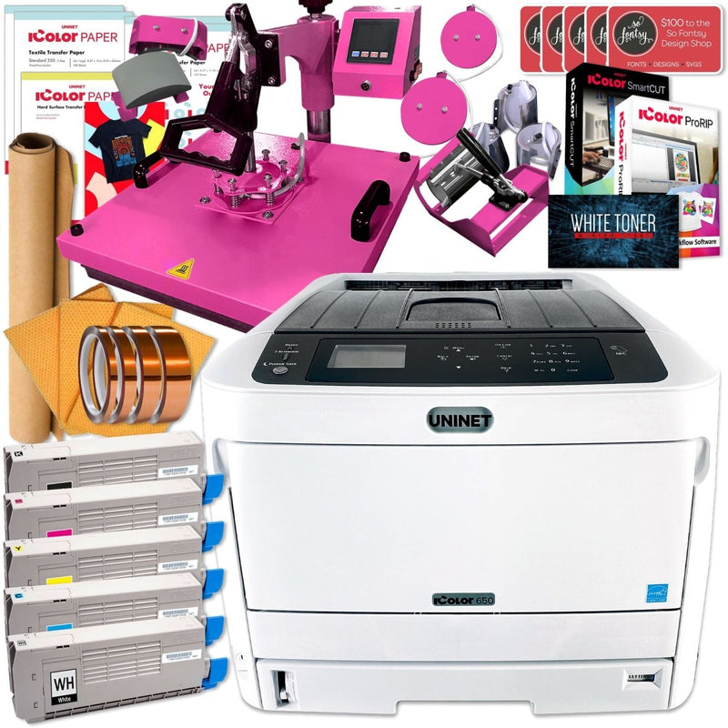 Uninet IColor 650 Business Bundle w/ 8-in-1 Press, Media, $1044 SoftwareIcolor 650 Bundle w/ Pink Heat Press - Swing Design2