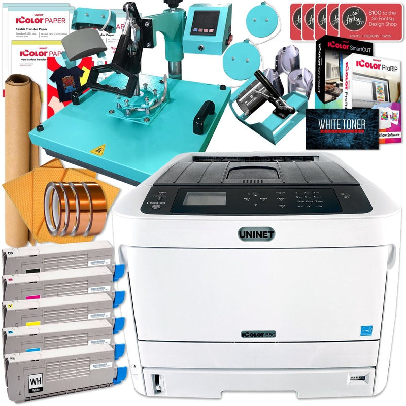 Uninet IColor 650 Business Bundle w/ 8-in-1 Press, Media, $1044 SoftwareIcolor 650 Bundle w/ Turquoise Heat Press - Swing Design1