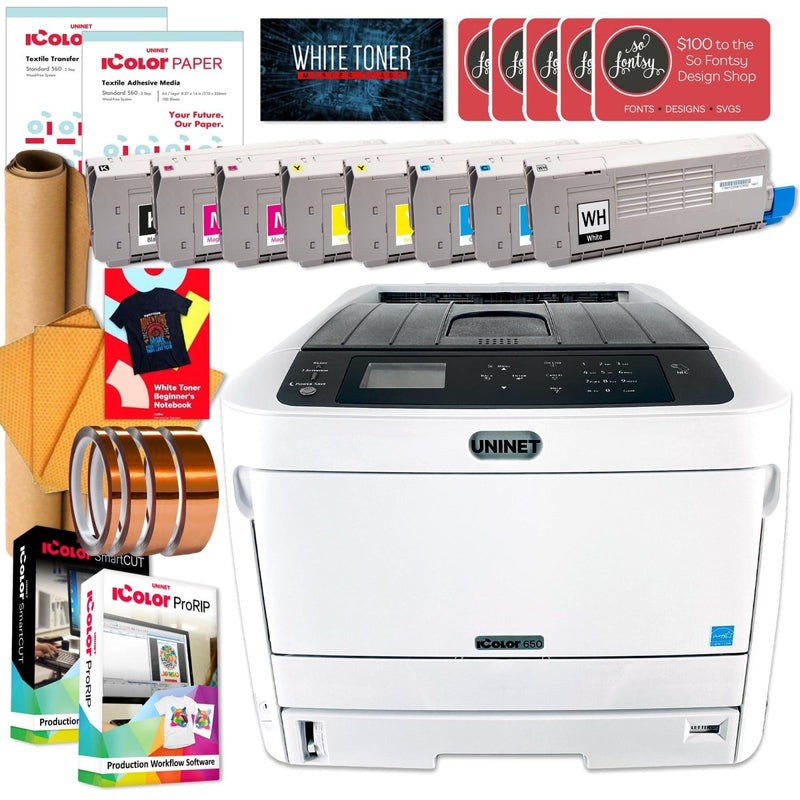 Uninet IColor 650 White Transfer Printer Double Toner Bundle, $1044 Software - Swing Design